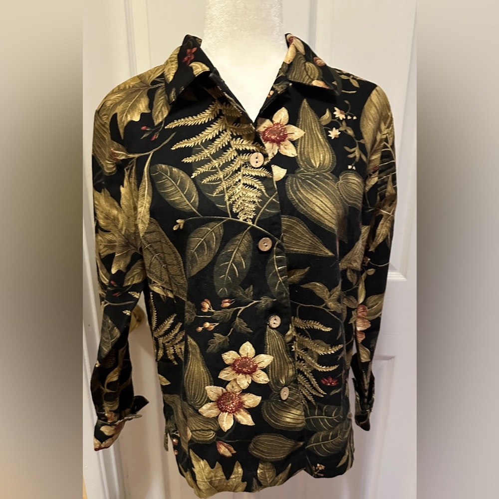 Coldwater Creek Blazer Jacket Black Gold Rust Tropical Floral Shirt Size Medium